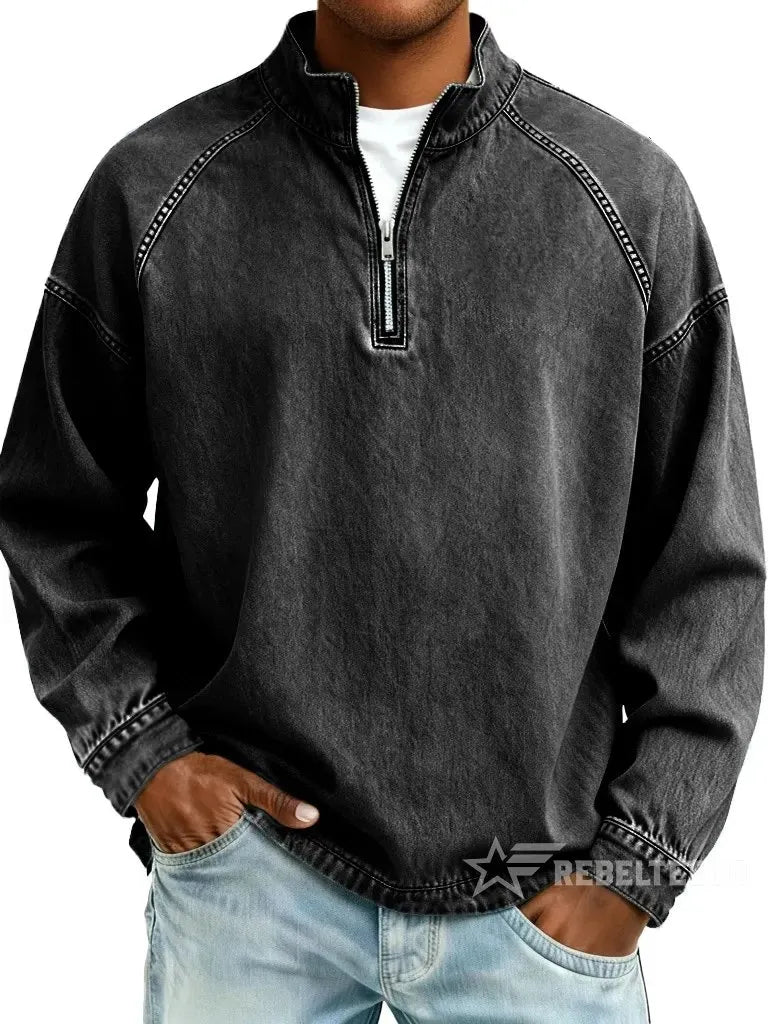 Sweatshirt de Homem com Meio Fecho e Acabamento Desgastado