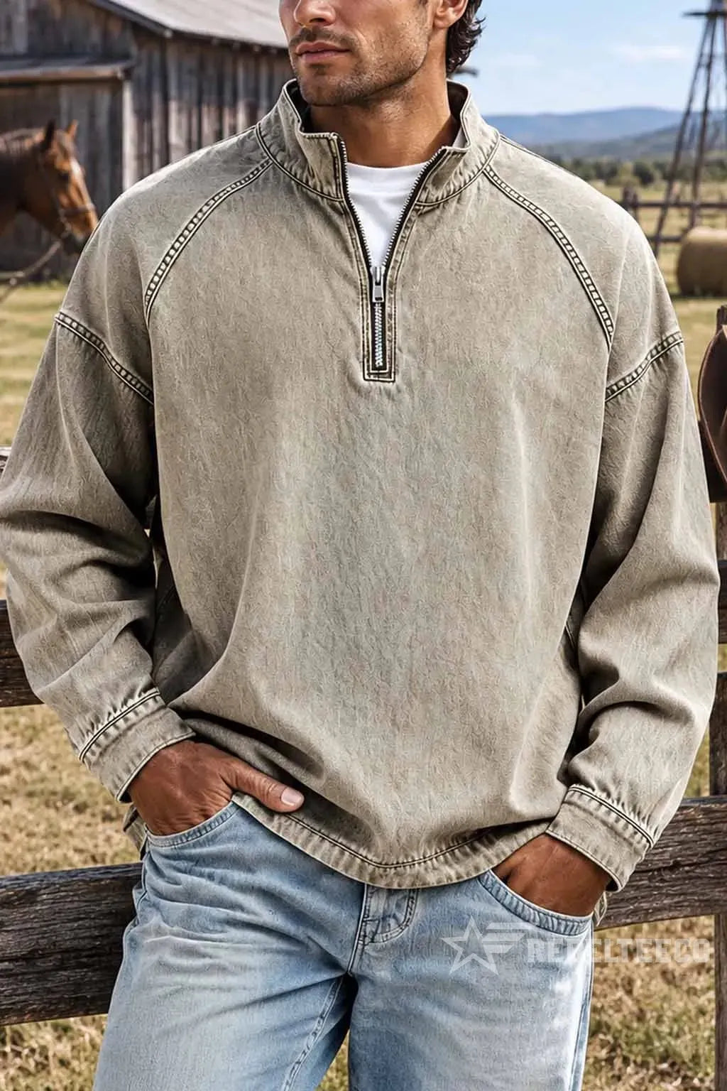 Sweatshirt de Homem com Meio Fecho e Acabamento Desgastado