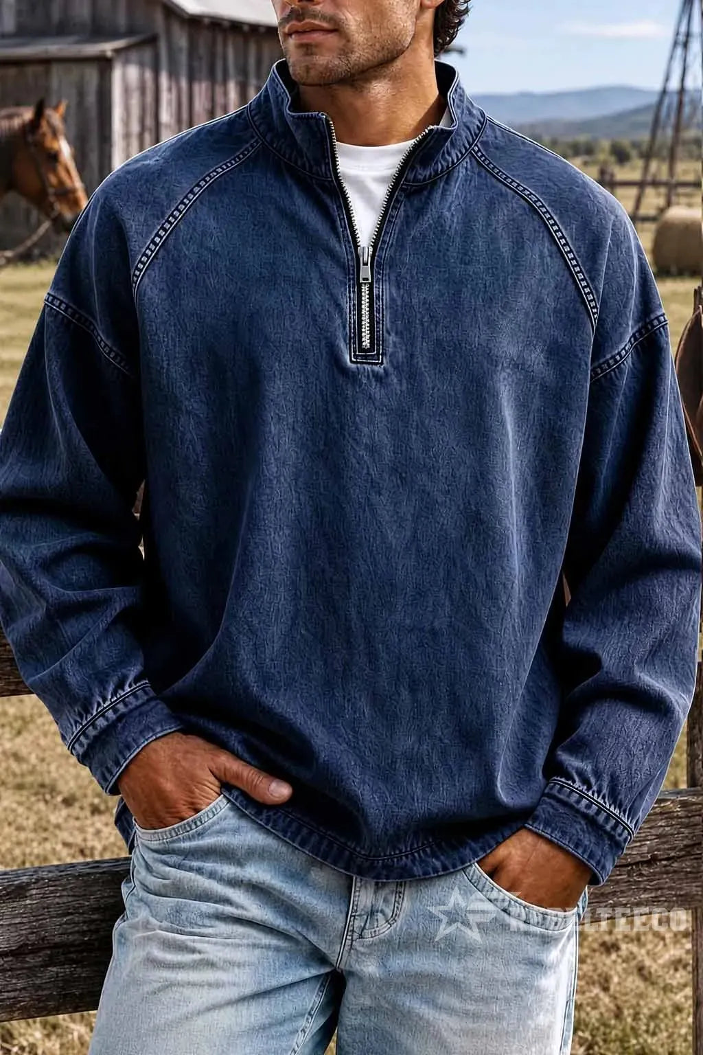 Sweatshirt de Homem com Meio Fecho e Acabamento Desgastado