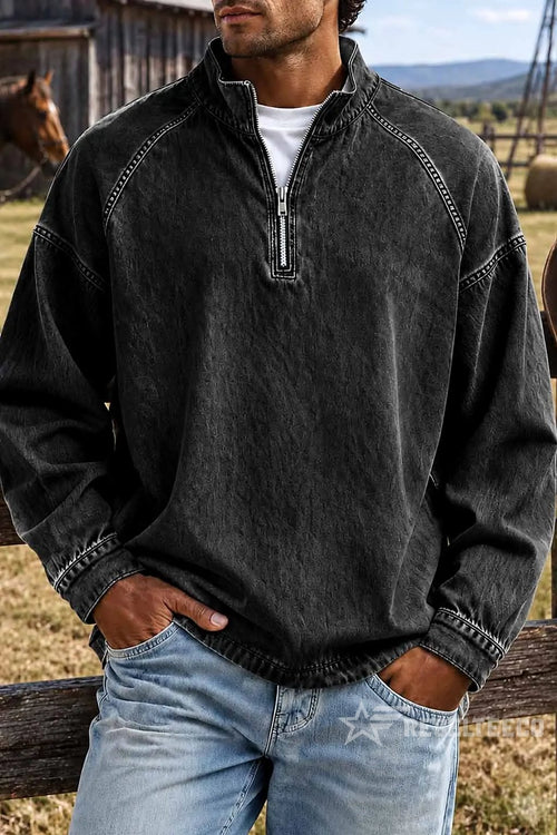 Sweatshirt de Homem com Meio Fecho e Acabamento Desgastado