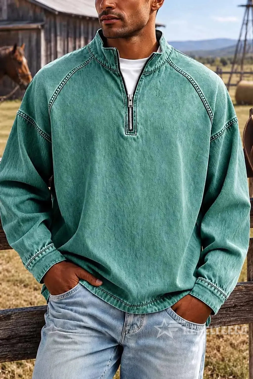 Sweatshirt de Homem com Meio Fecho e Acabamento Desgastado