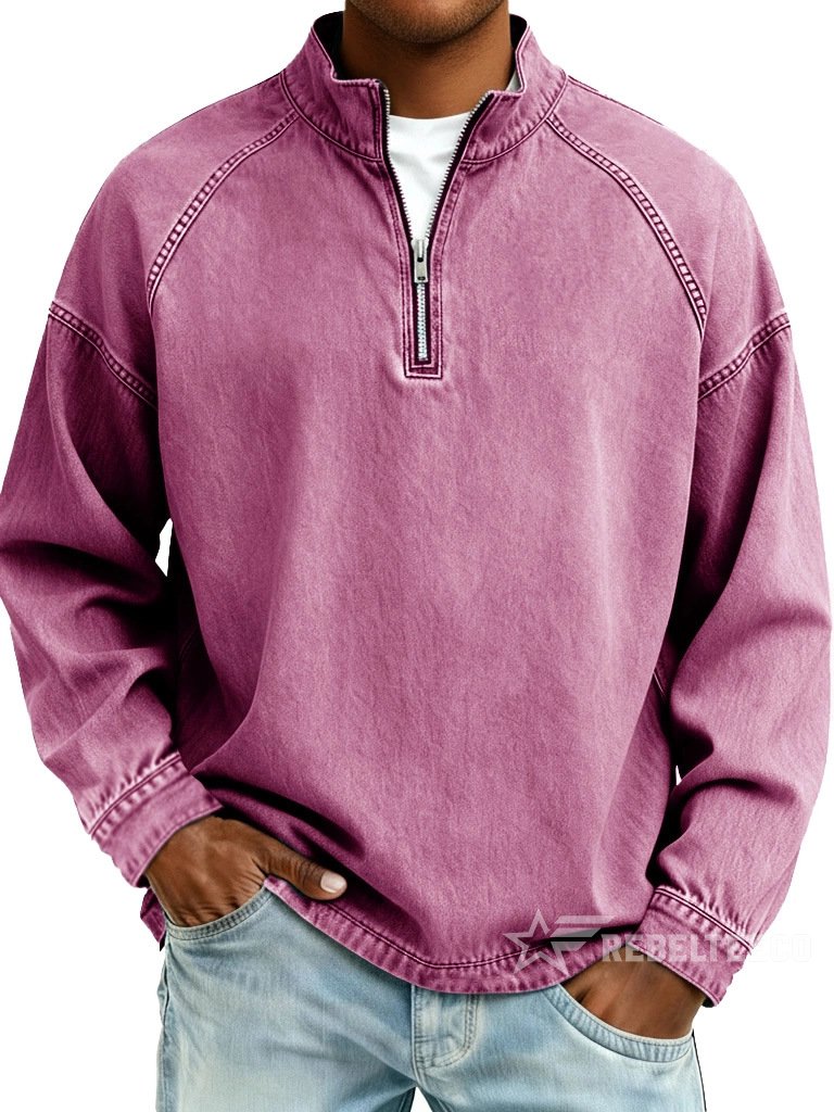 Sweatshirt de Homem com Meio Fecho e Acabamento Desgastado