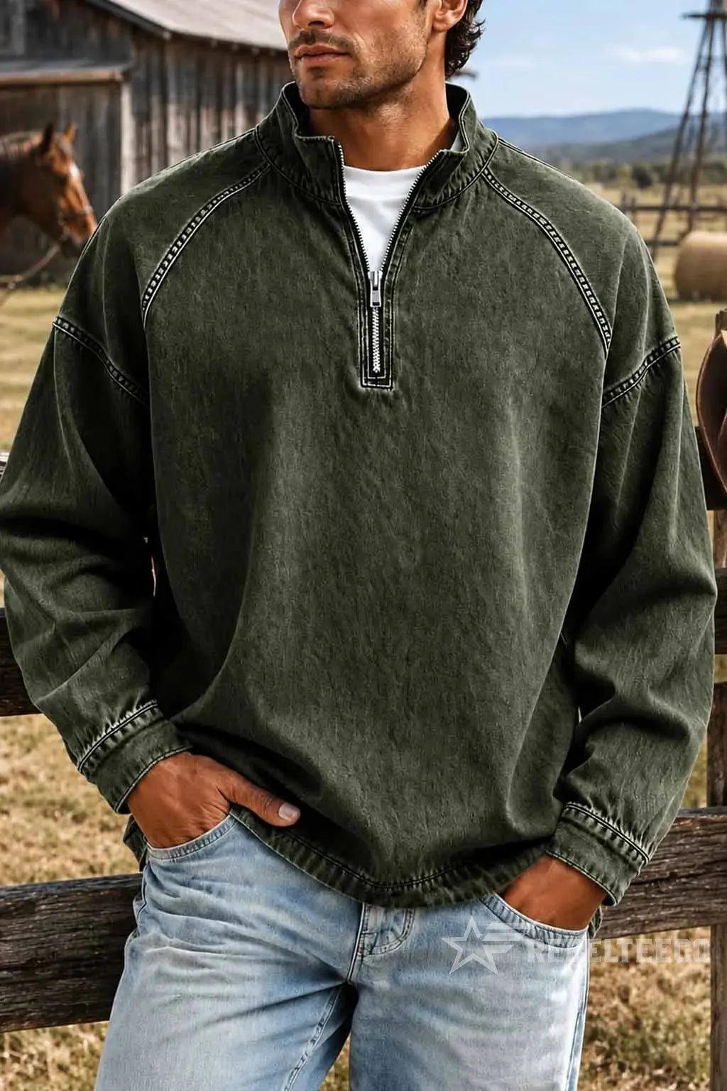 Sweatshirt de Homem com Meio Fecho e Acabamento Desgastado
