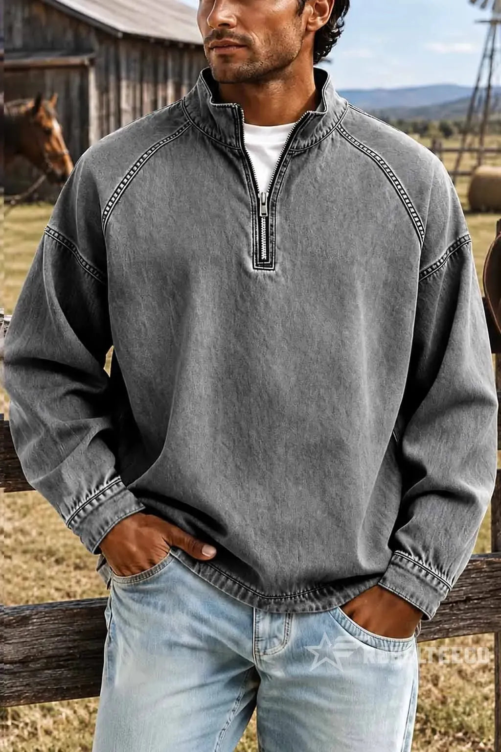 Sweatshirt de Homem com Meio Fecho e Acabamento Desgastado