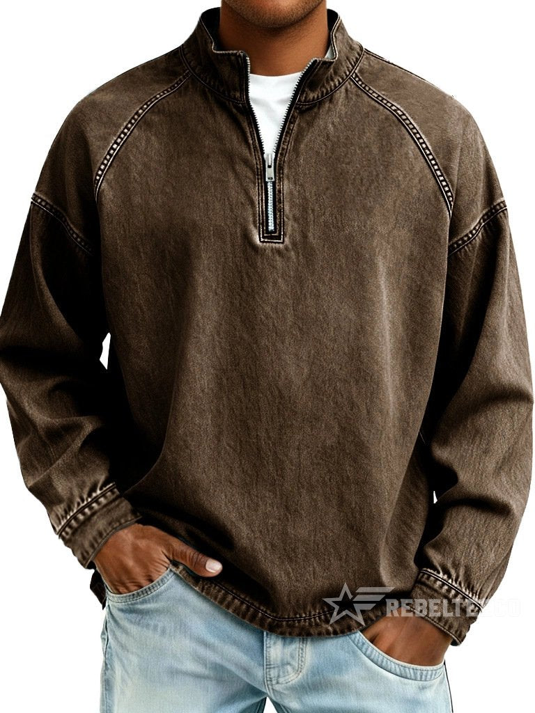 Sweatshirt de Homem com Meio Fecho e Acabamento Desgastado