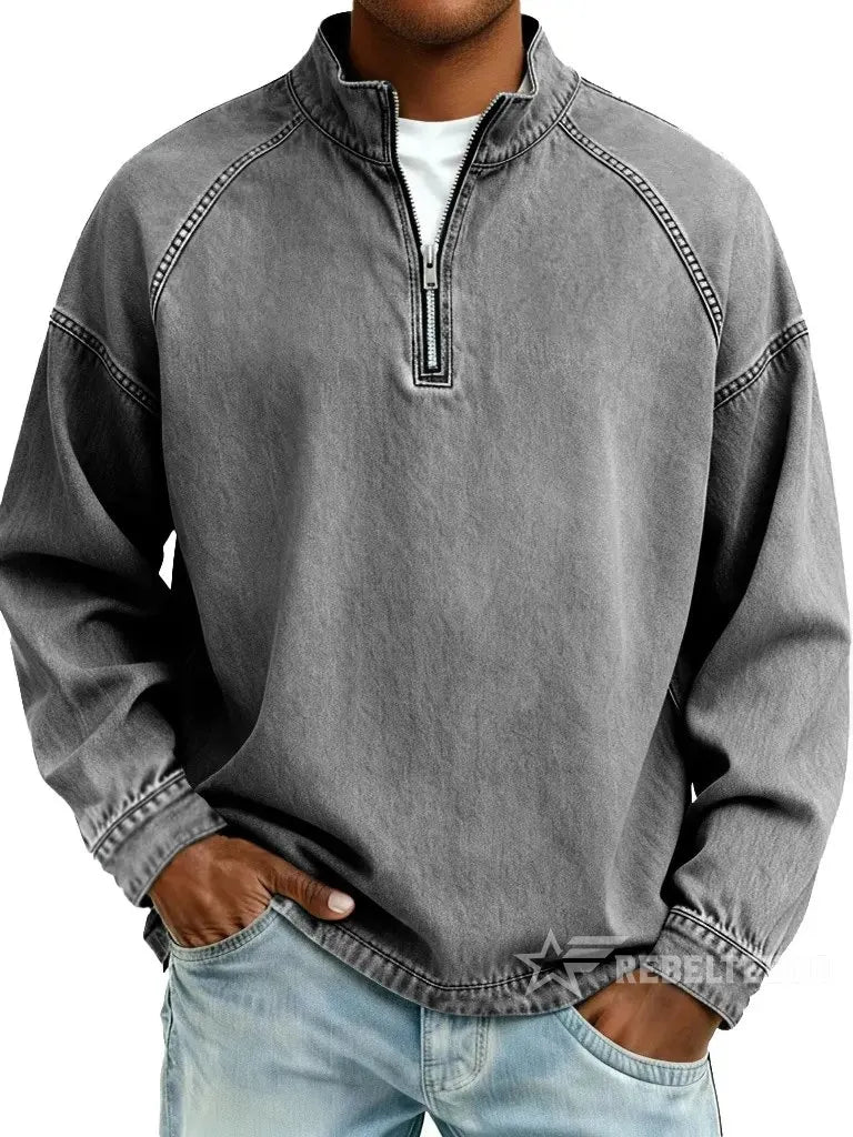 Sweatshirt de Homem com Meio Fecho e Acabamento Desgastado