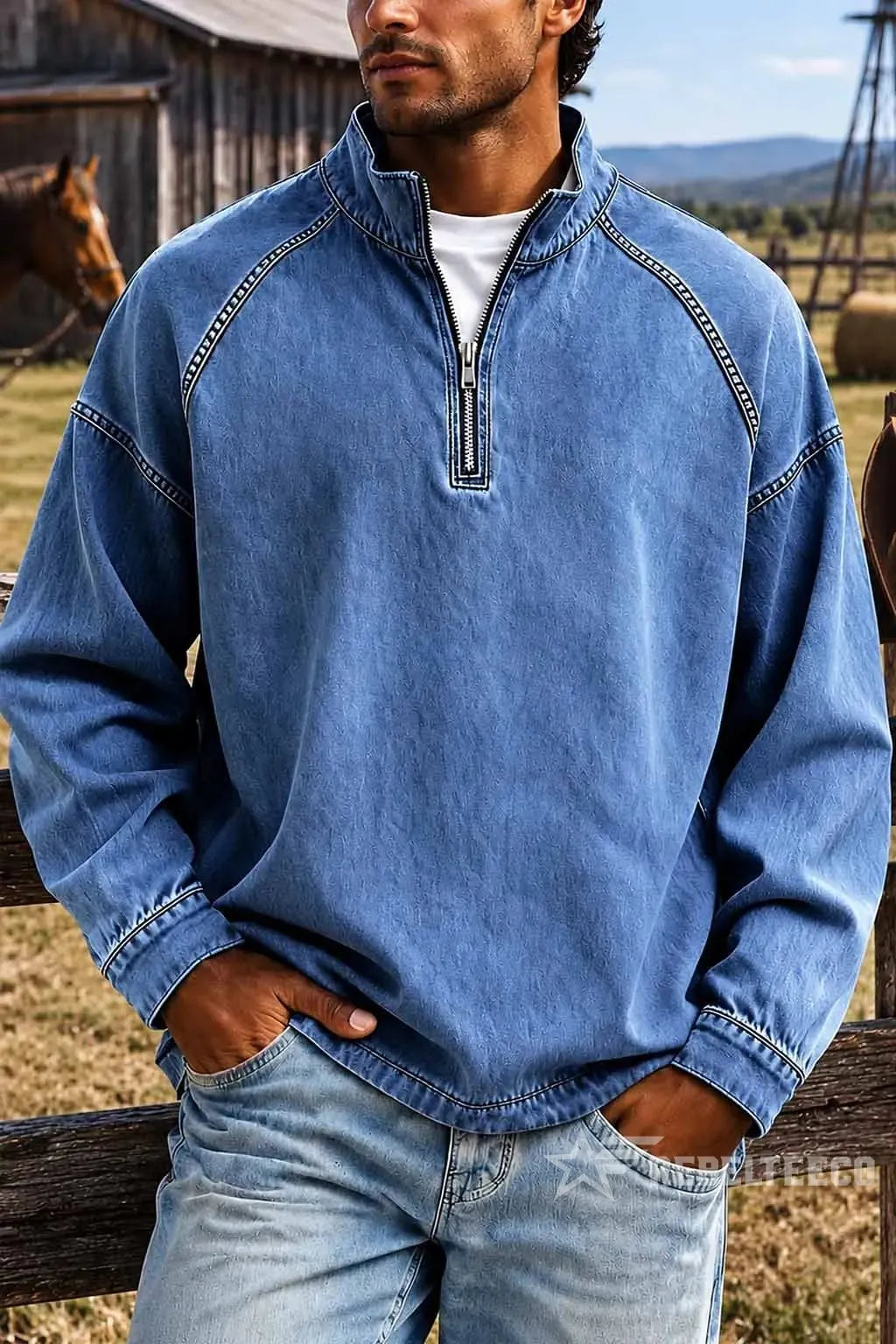 Sweatshirt de Homem com Meio Fecho e Acabamento Desgastado
