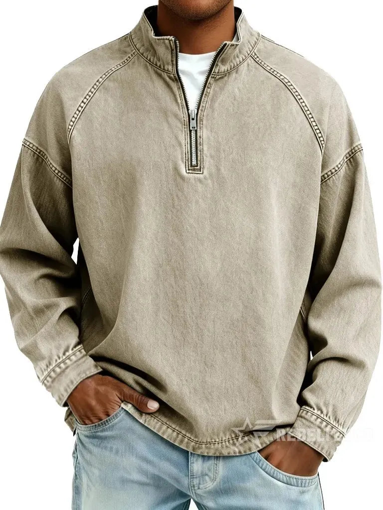 Sweatshirt de Homem com Meio Fecho e Acabamento Desgastado