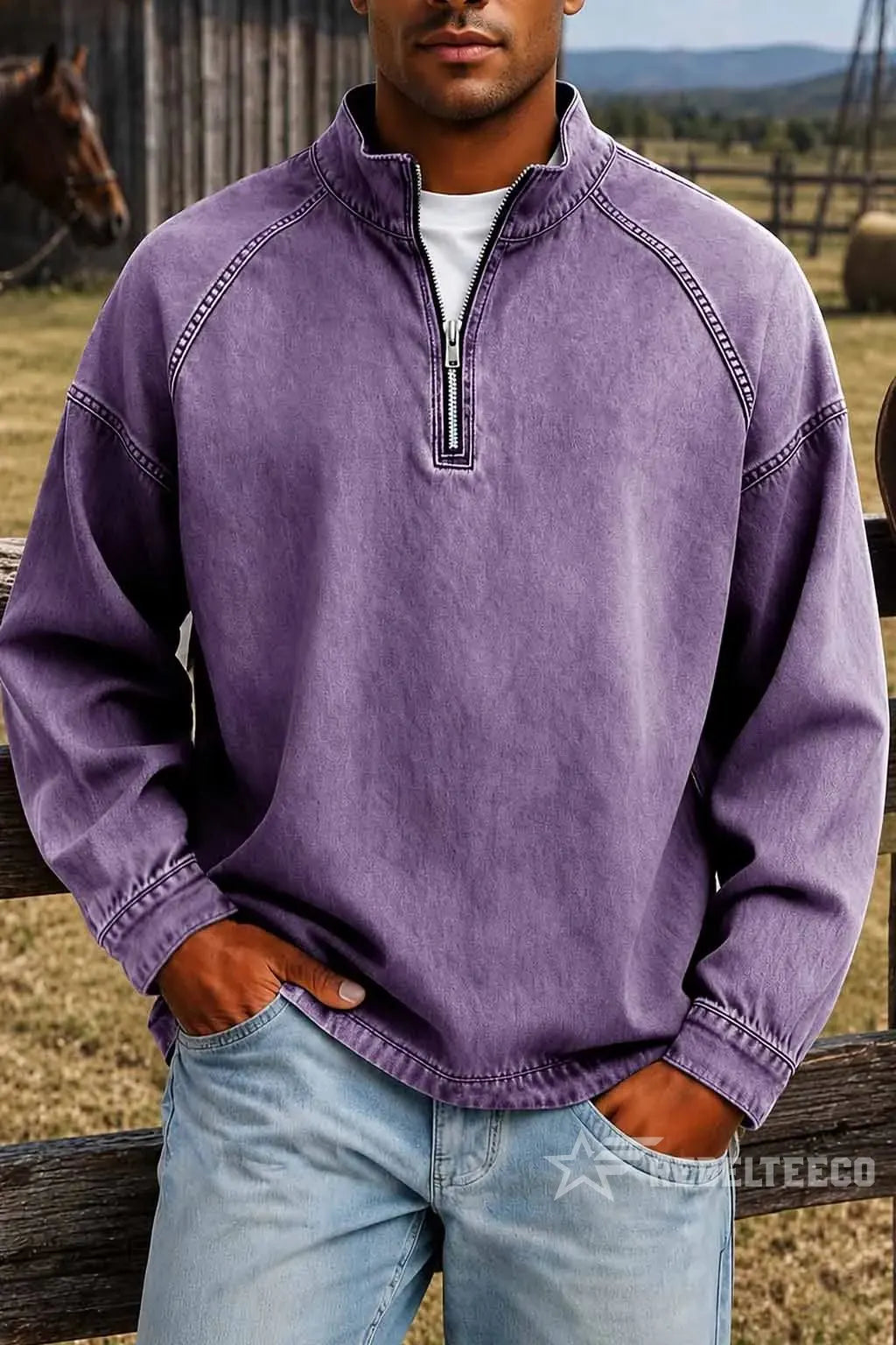 Sweatshirt de Homem com Meio Fecho e Acabamento Desgastado