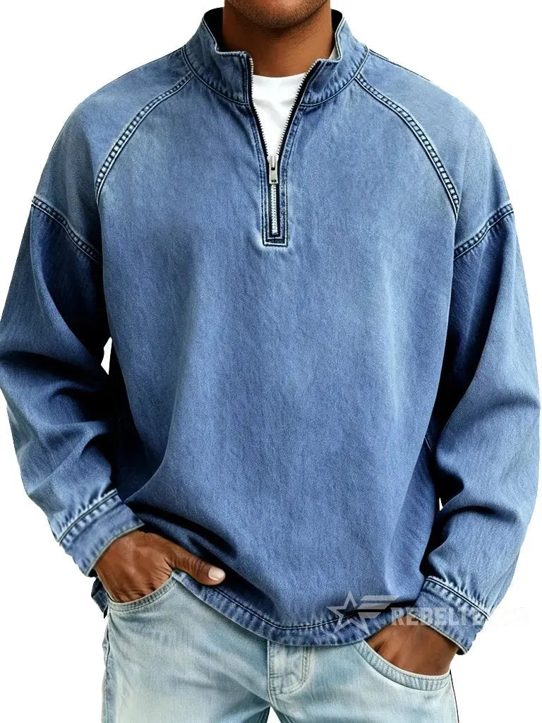 Sweatshirt de Homem com Meio Fecho e Acabamento Desgastado
