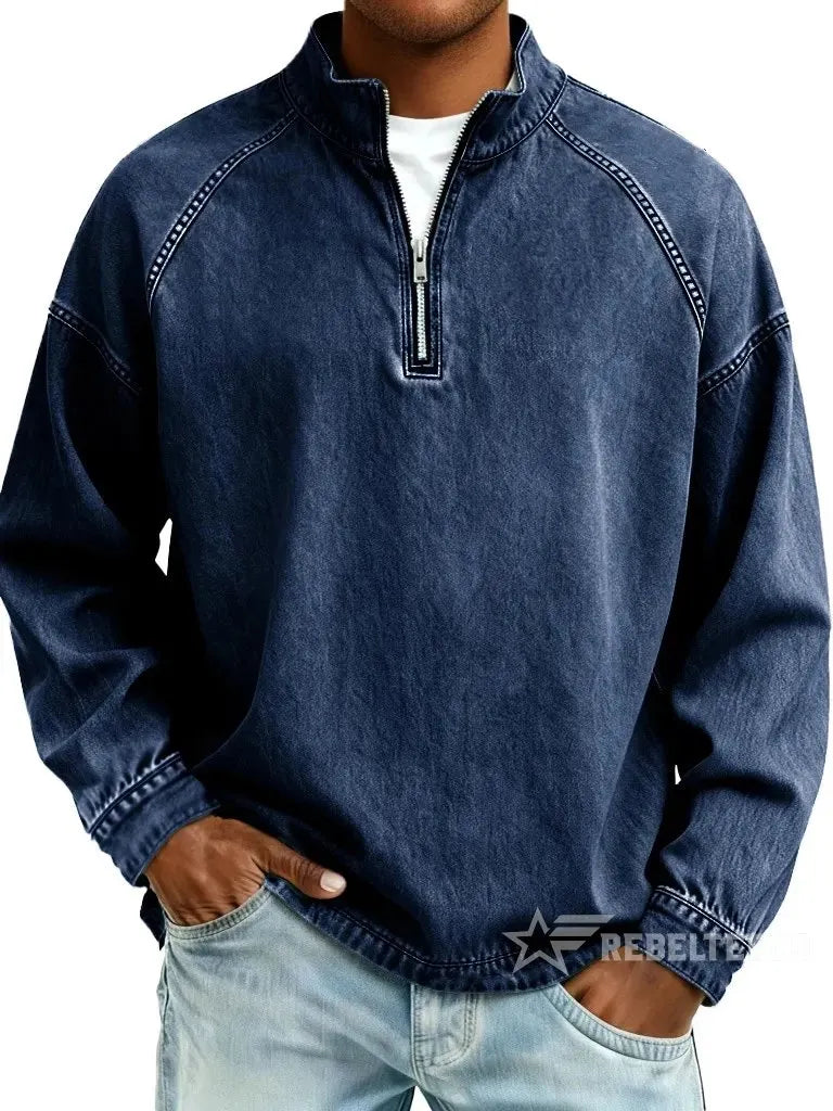 Sweatshirt de Homem com Meio Fecho e Acabamento Desgastado