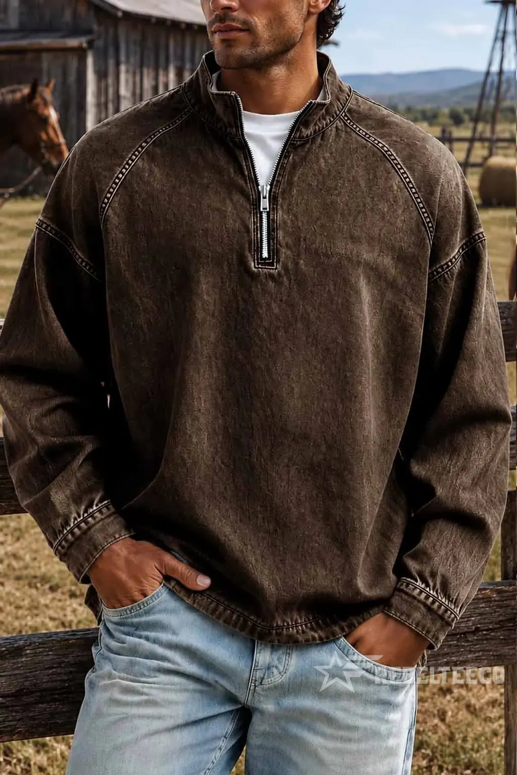 Sweatshirt de Homem com Meio Fecho e Acabamento Desgastado