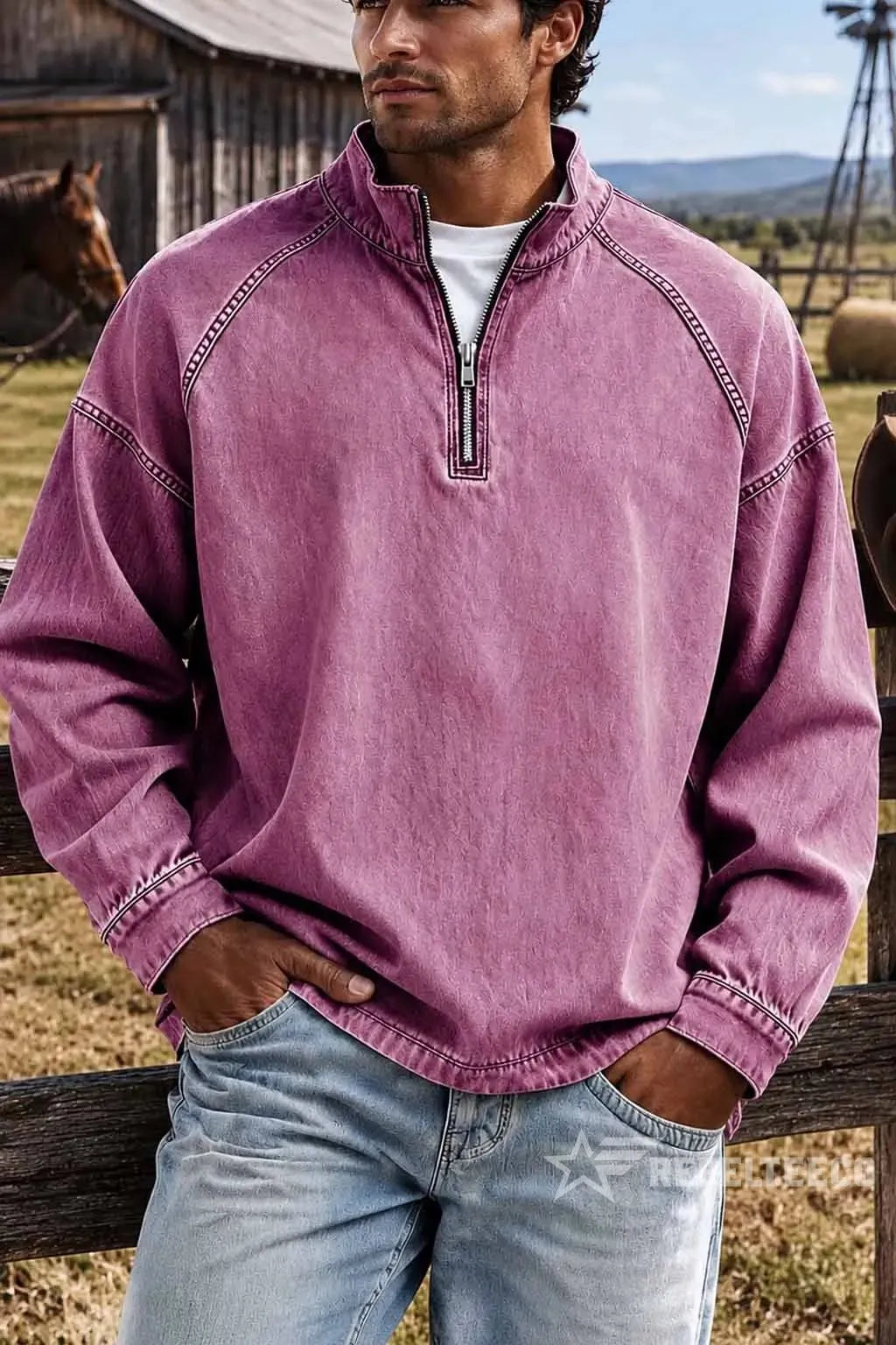 Sweatshirt de Homem com Meio Fecho e Acabamento Desgastado