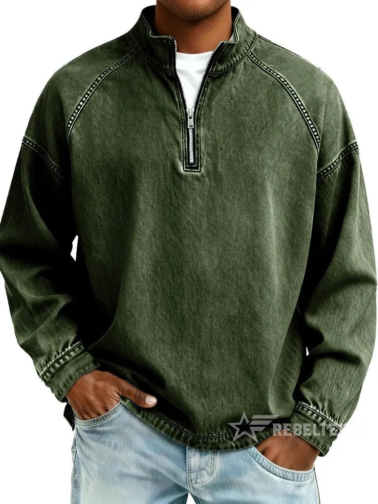 Sweatshirt de Homem com Meio Fecho e Acabamento Desgastado